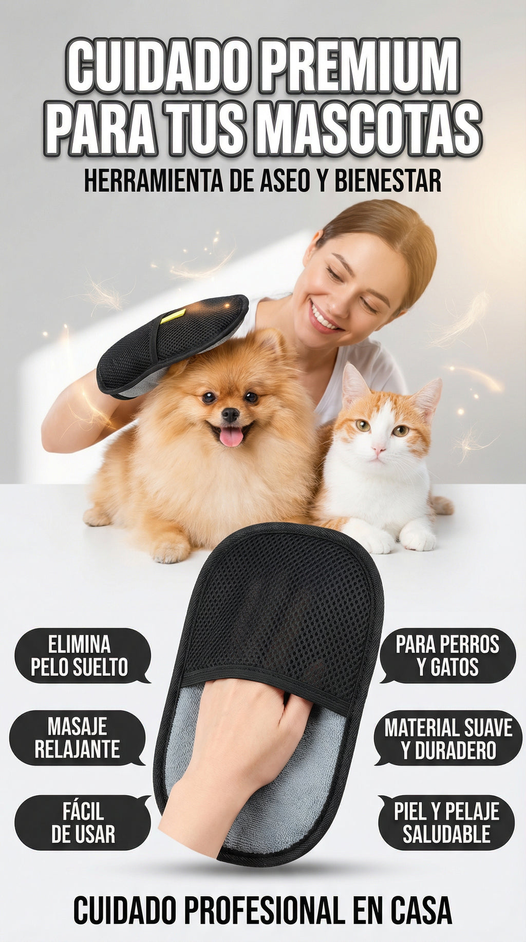 Guante Removedor de Pelo para Mascotas 2 en 1